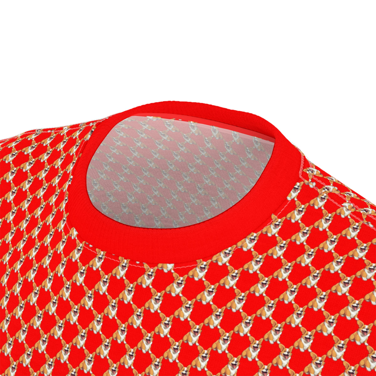 Goodness Gracious Geometric Unisex Bold Designer Tee - Jolly Corgi Repeater Motif Beyond Belief on Rad-Red