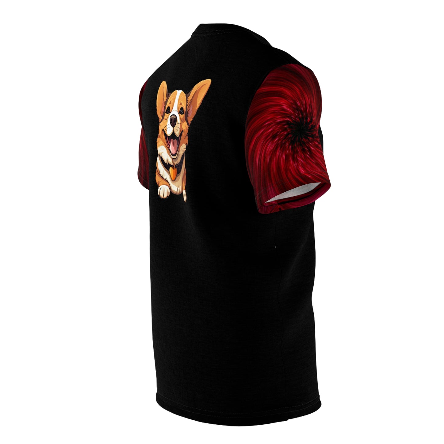 Puppy Love Artistic Corgi Illustration Unisex Bold Fashion Tee with Swirling Red Sleeve Accent