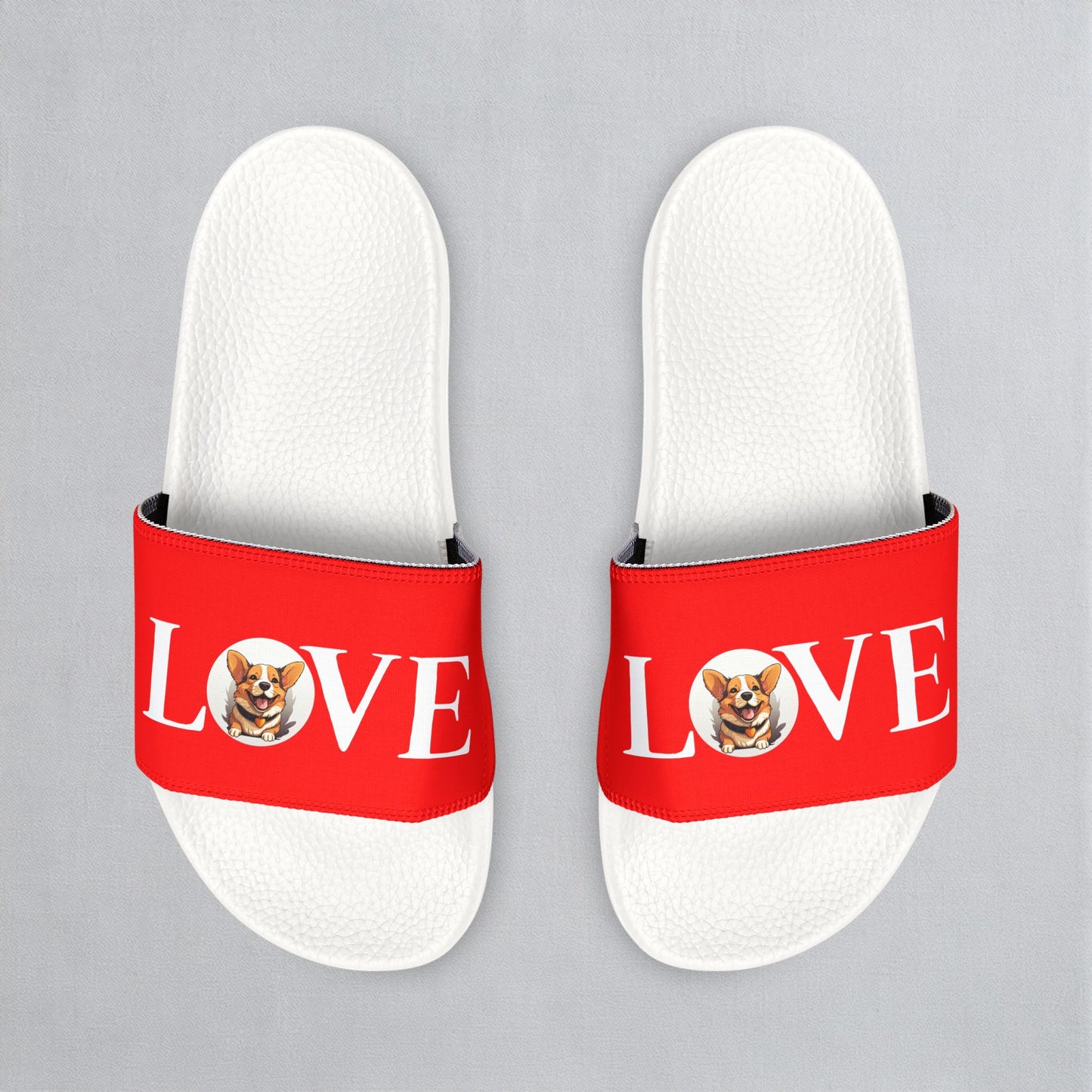 Love More Corgi Women's Red & White Slide Sandals - Casual Pool & Beach Slides