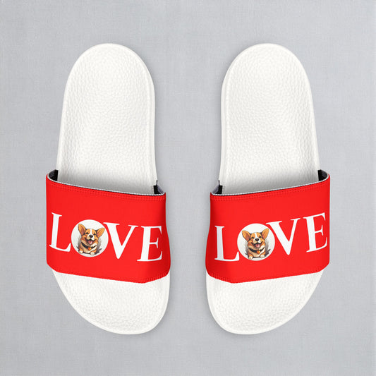 Love More Corgi Women's Red & White Slide Sandals - Casual Pool & Beach Slides