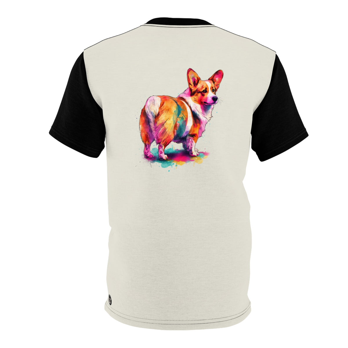 Waddle Mottle Maximized Unisex Bold Designer Tee - Watercolor Corgi on Crema with Phantom Black Sleeves