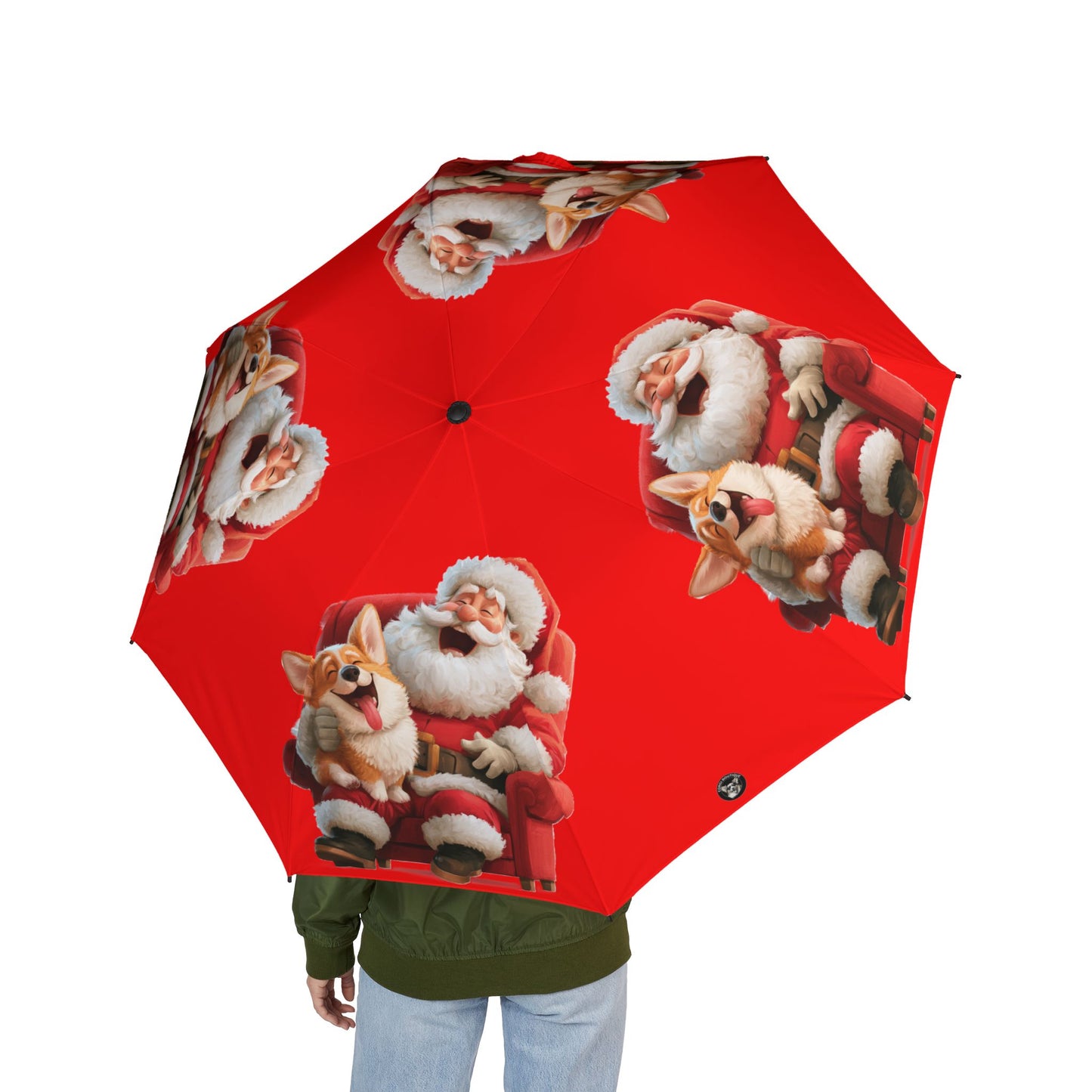 Christmas Corgi Sitting On Santa's Lap Foldable Umbrella — Red Holiday Rain Shield