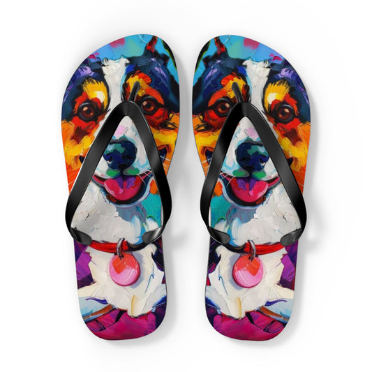 Color Me Corgi Custom Artistic Unisex Flip Flops - Vibrant Smiling Corgi Sandals