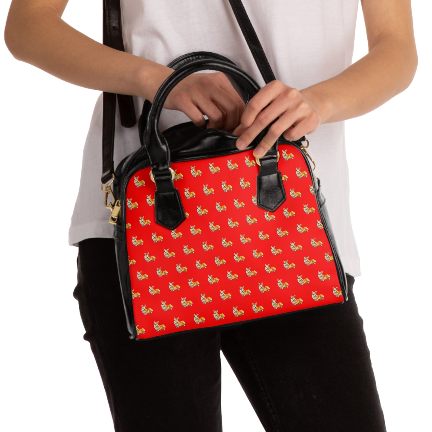 Classic Queen's Corgi Artistic Illustration Mosaic Pattern Red & Black Shoulder Handbag