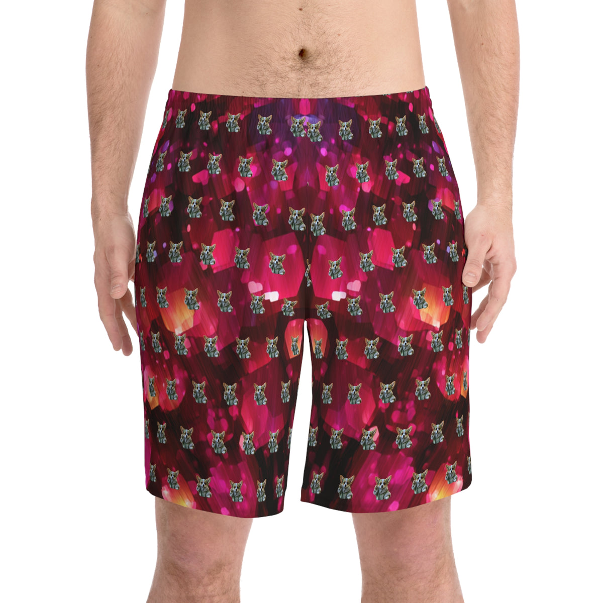 Baby Corgi Star Warrior Board Shorts - Black Red & Purple Galaxy Glitter Swimsuit