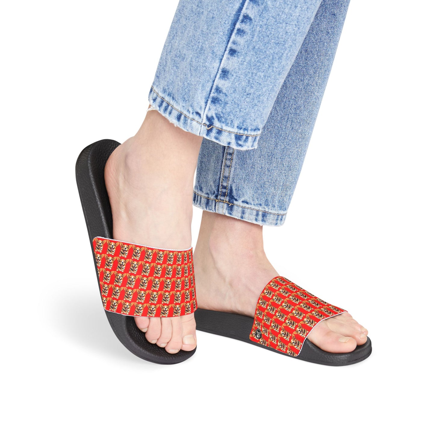 Puppy Love Smiling Corgi Mosaic Women's Casual Red & Black Slide Sandals - Pool & Beach Slides