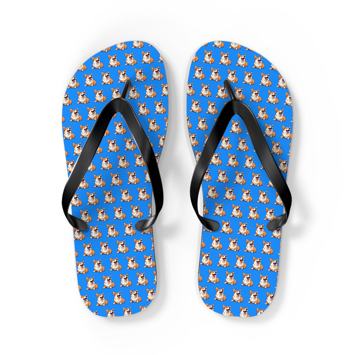 Comical Corgi All Smiles Repeater Pattern Artistic Unisex Flip Flops — Cute & Funny Corgi Themed Blue Sandals