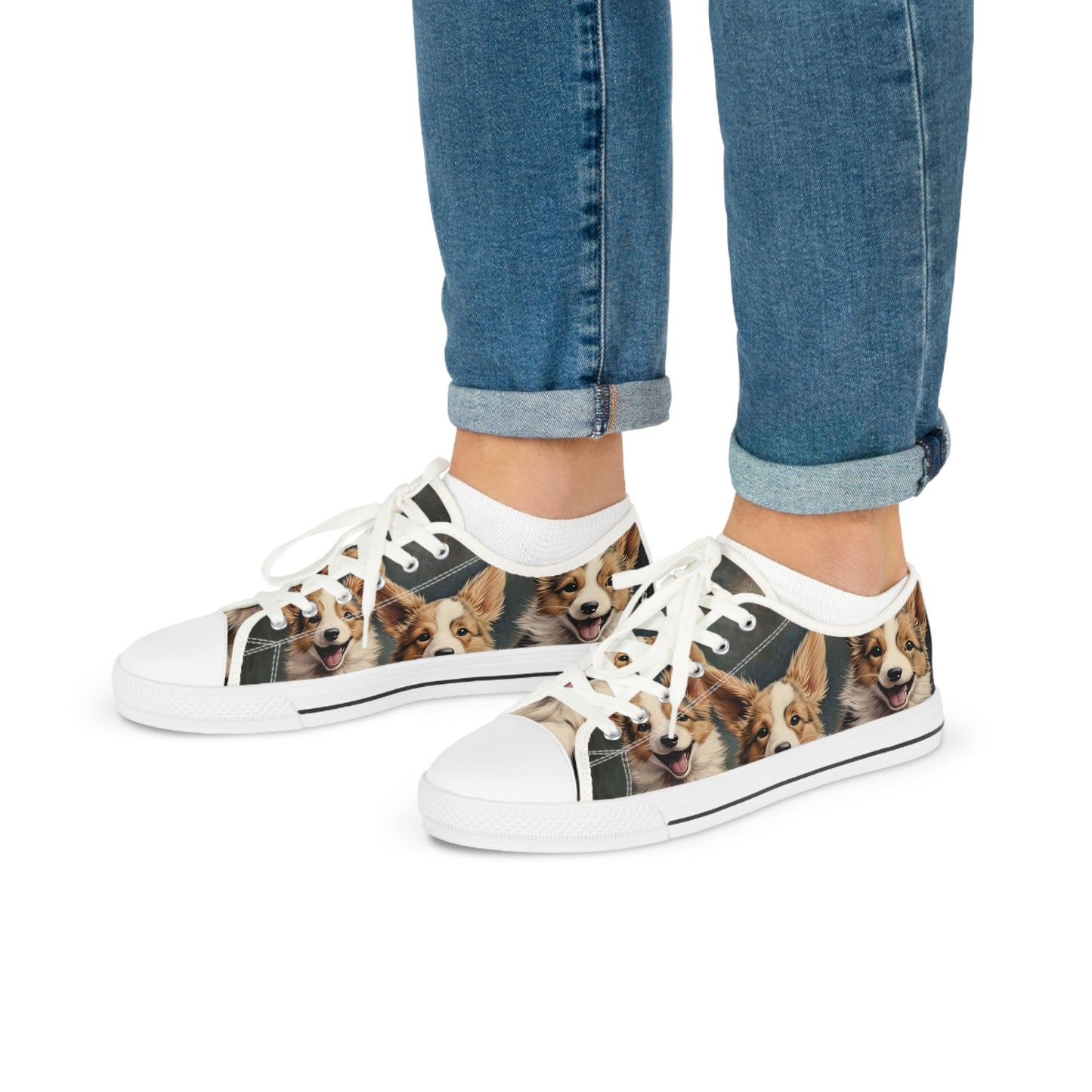 Corgi Pouncing Print Men's Low Top Casual Canvas Sneakers