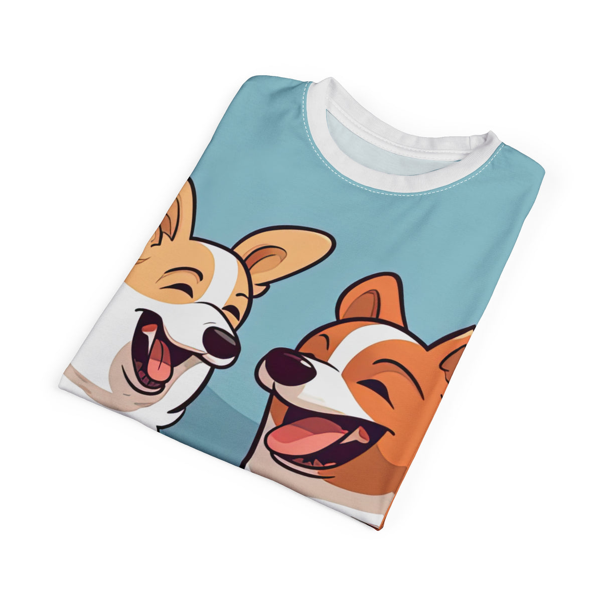 Best Mates Unisex Bold Designer Tee - Corgis at Play on Breezy Blue with Sugar Sweet Sleeves