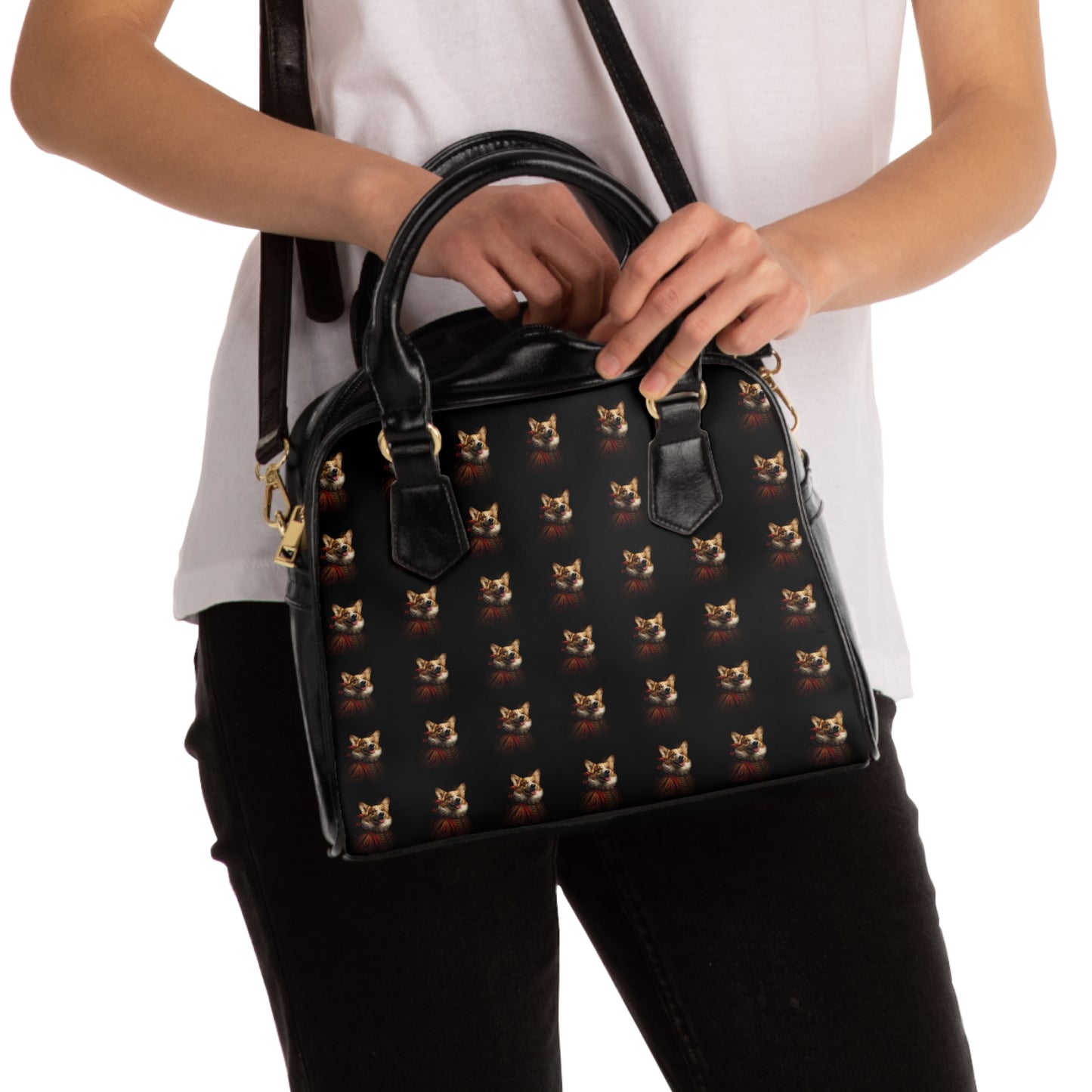 Renaissance Corgi in a Ruff Portrait Black Shoulder Handbag
