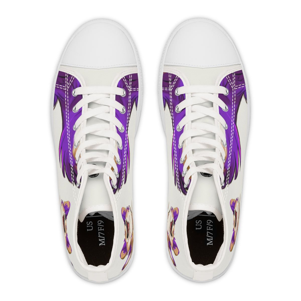 Purple Patch Women's High-Top Sneakers - Carefree Corgi on Marzipan White Canvas with Very Violet Fur-Effect Accents