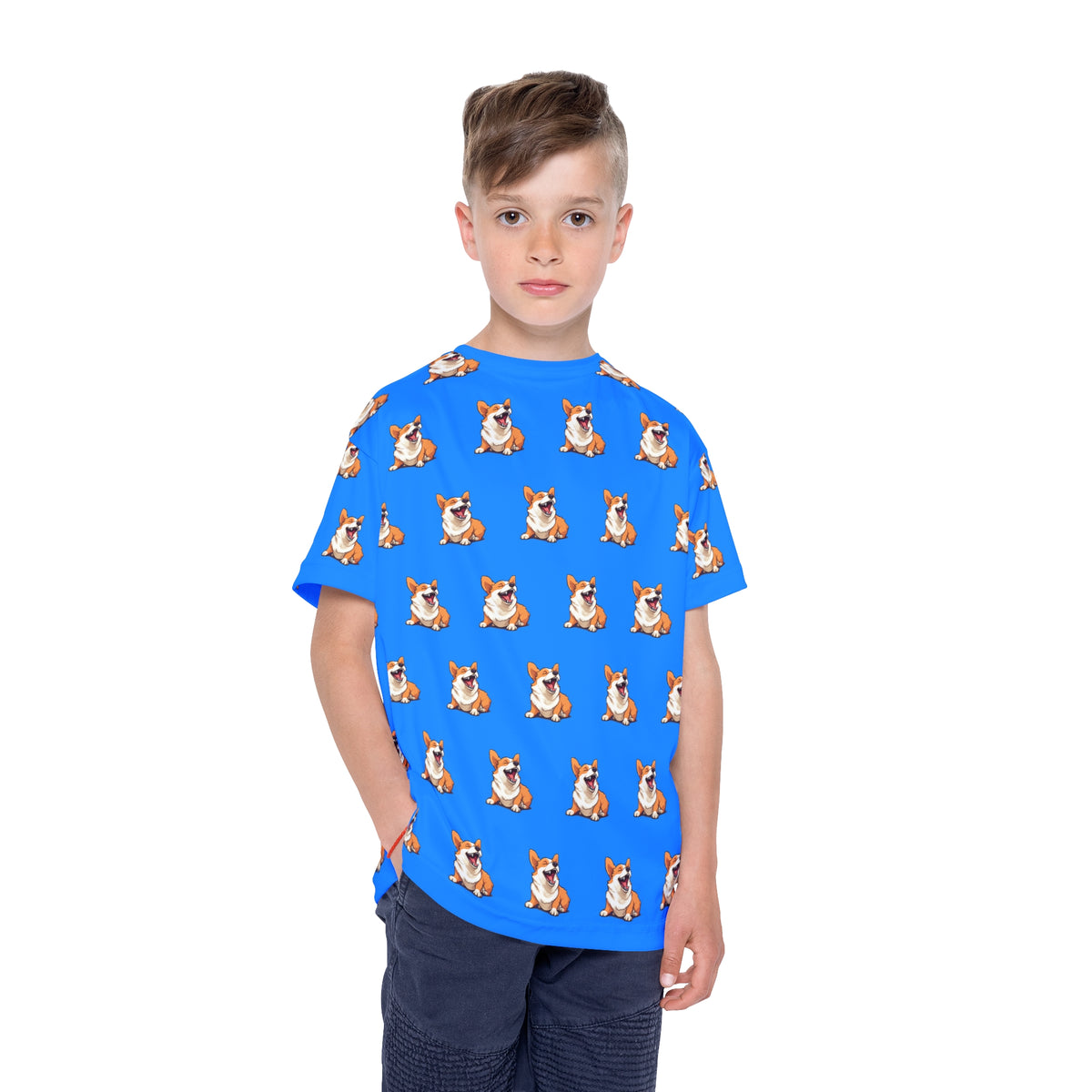 Comical Corgi All Smiles Kid's Blue Sports Tee