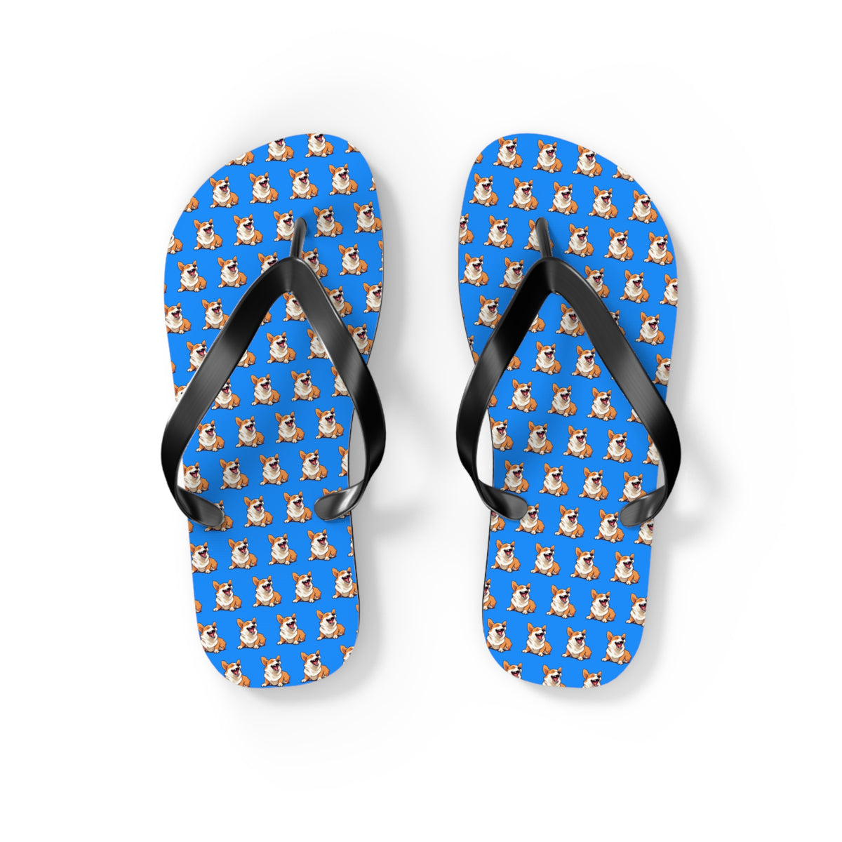 Comical Corgi All Smiles Repeater Pattern Artistic Unisex Flip Flops — Cute & Funny Corgi Themed Blue Sandals