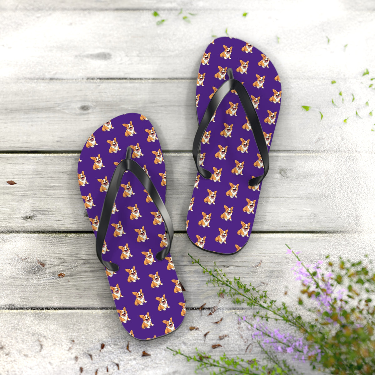 Jolly Jiggling Animated Corgi Flip-Flops - Purple Unisex Sandals