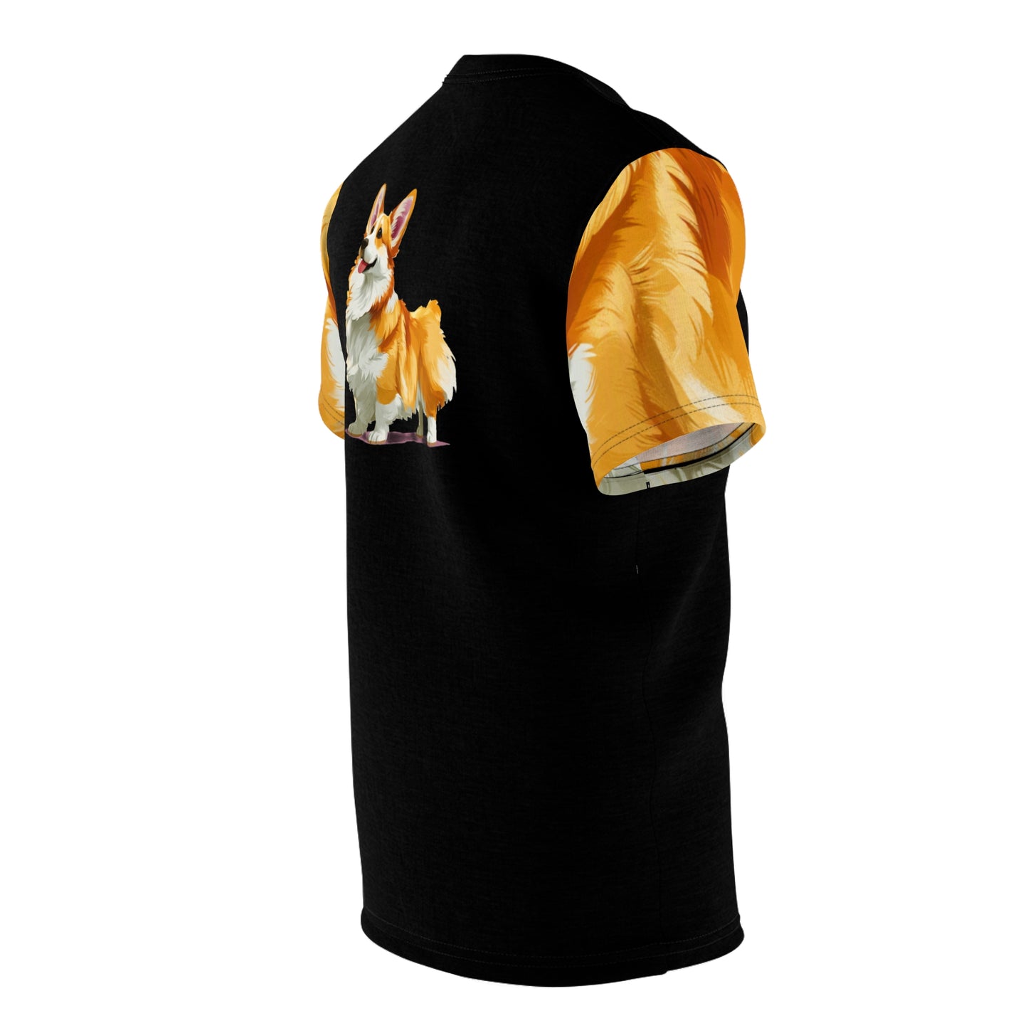 Classic Corgi Artistic Painting Unisex Bold Fashion Black Tee with Wavy Golden Sleeves