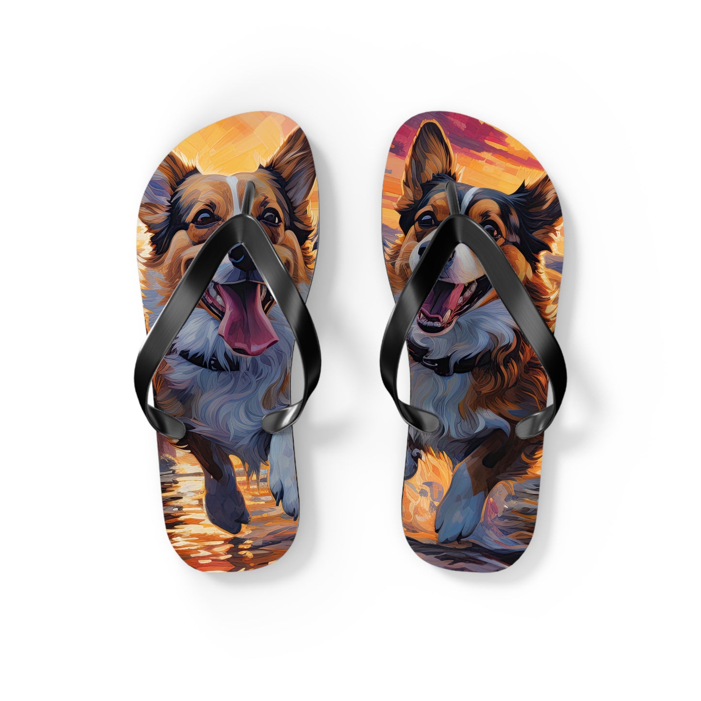Corgi Beach Buds Sunset Unisex Flip Flops – Sandals with Corgi Best Friends Running in the Surf