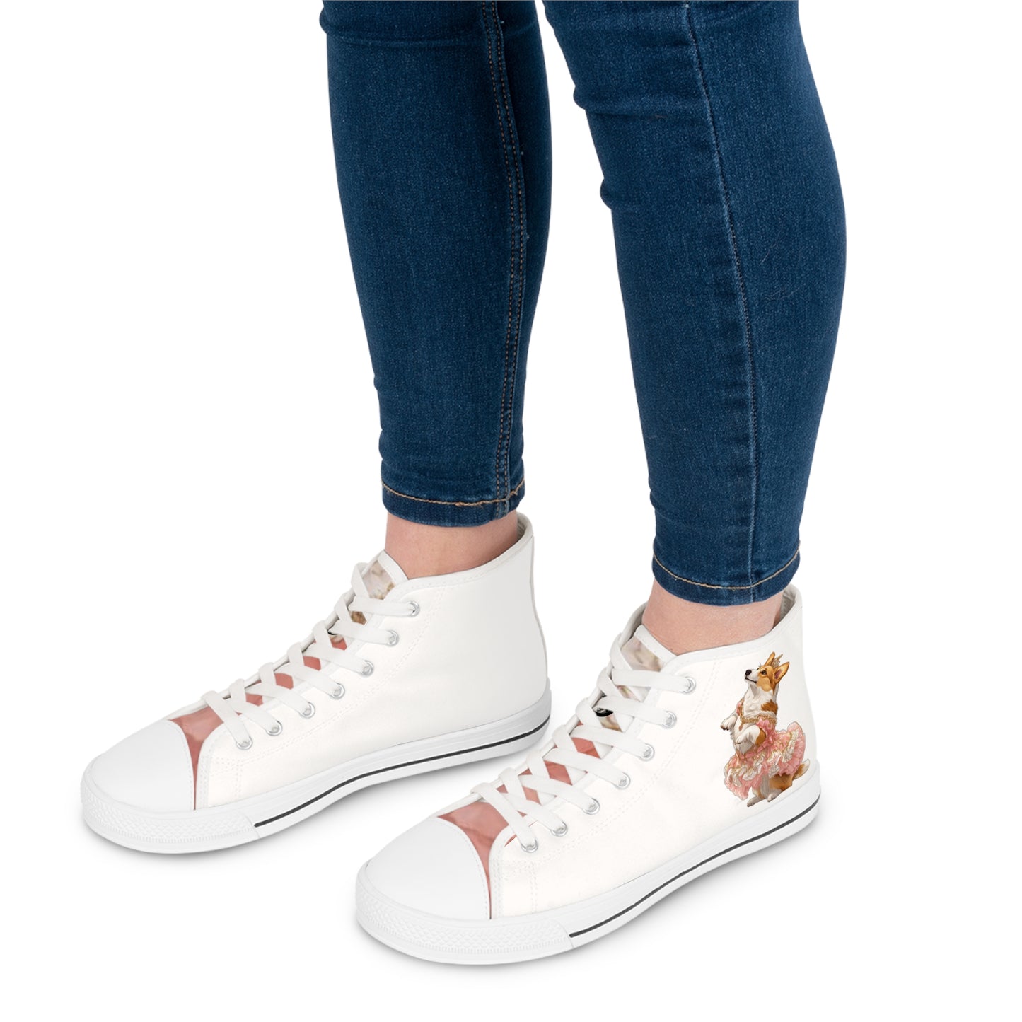 Princess Corgi Women's High Top Casual White & Rose Canvas Sneakers