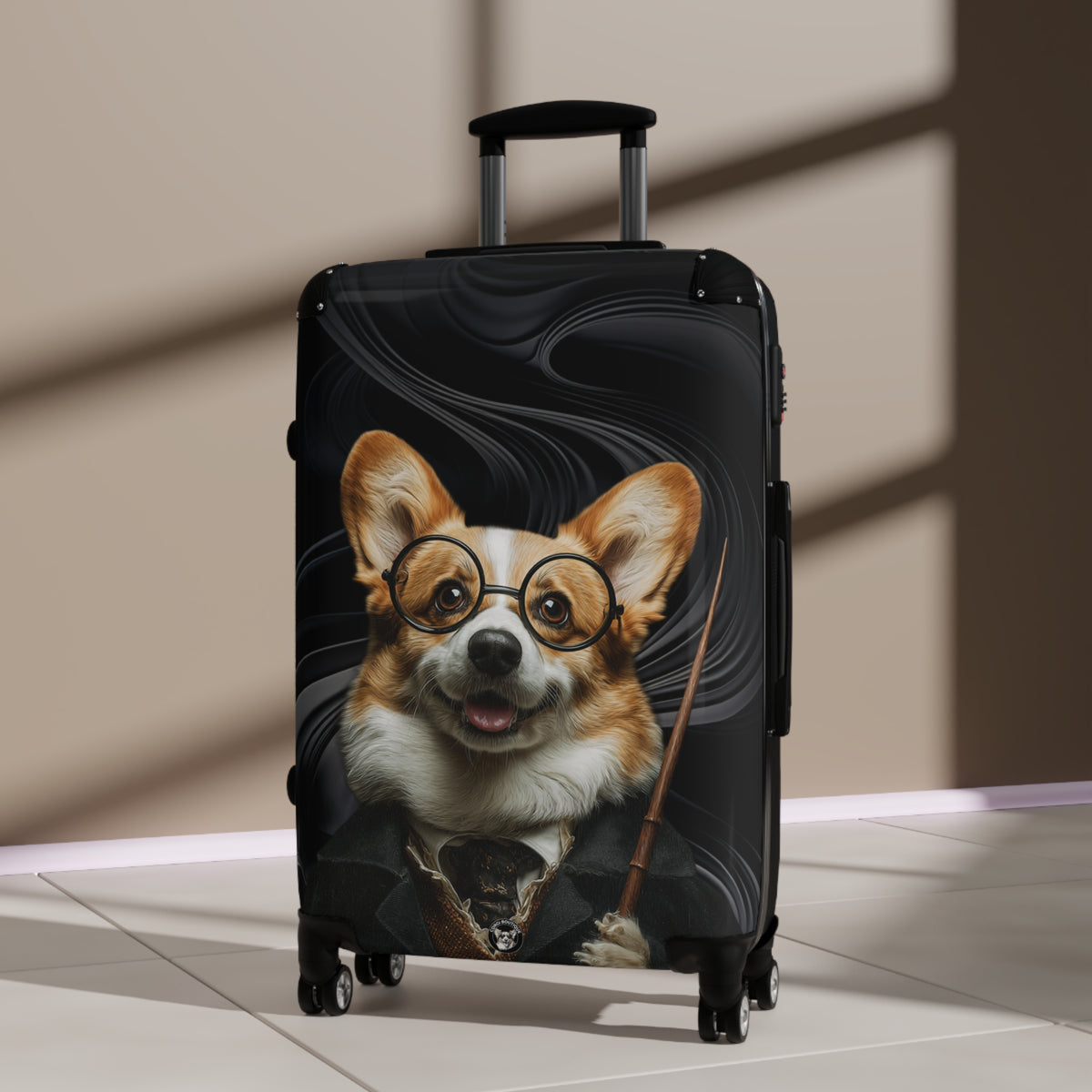Corgi Potter Magic Wand Suitcases – Wizard Theme Swirling Black Rolling Luggage