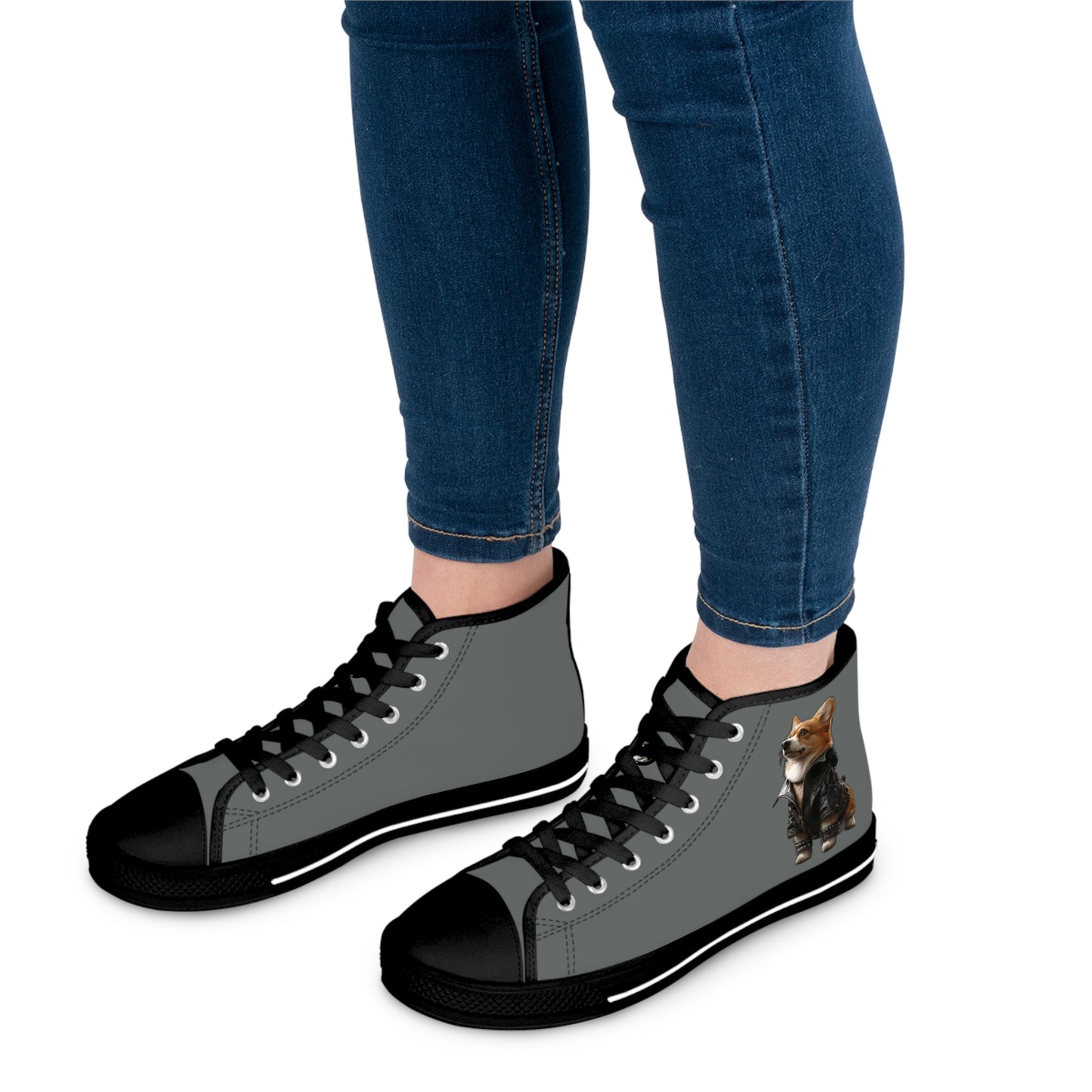 Leader of the Pack Women's High Top Casual Dark Gray Canvas Sneakers with a Leather-Clad Corgi