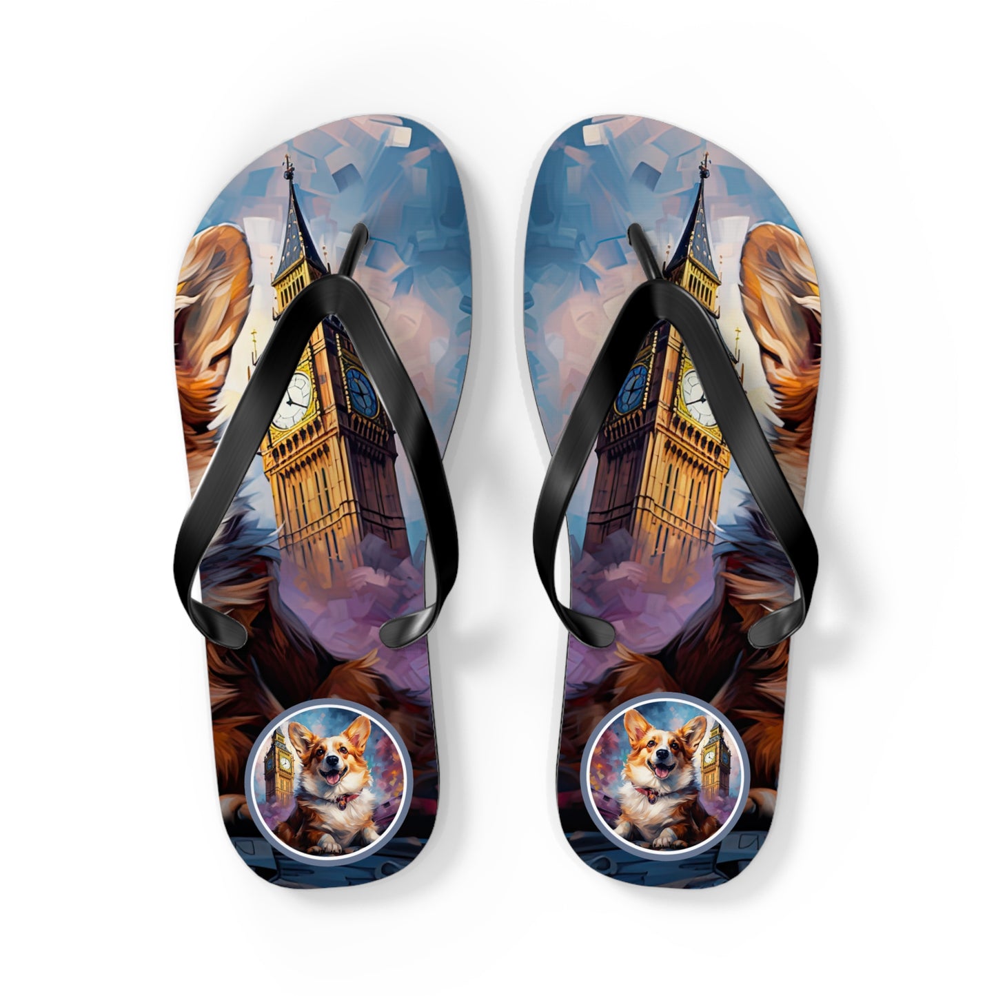 Corgi & Big Ben Artistic Unisex Flip Flops — London Themed Corgi Sandals