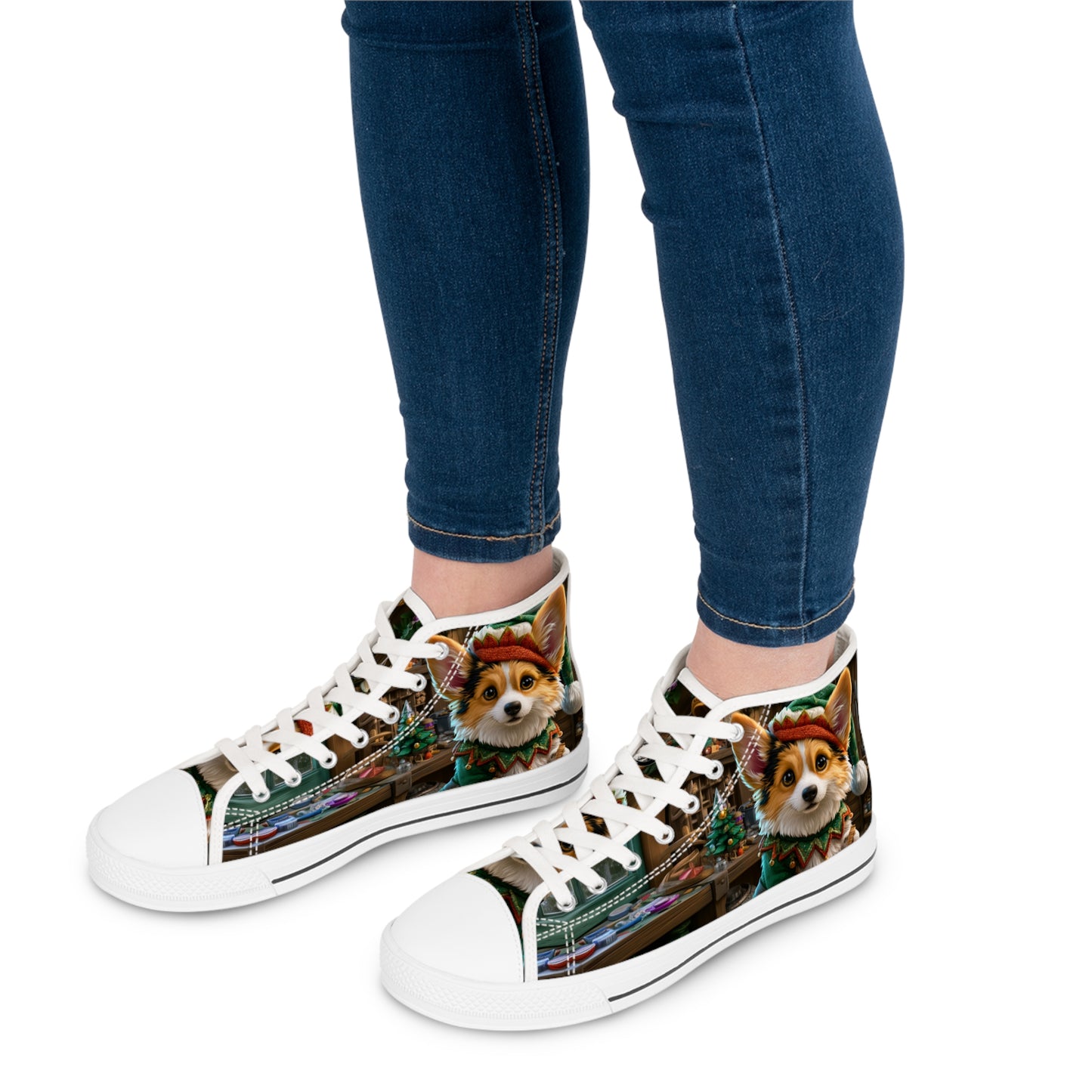 Santa's Little Helper Holiday Elf High-Tops — Festive Corgi Women's Sneakers