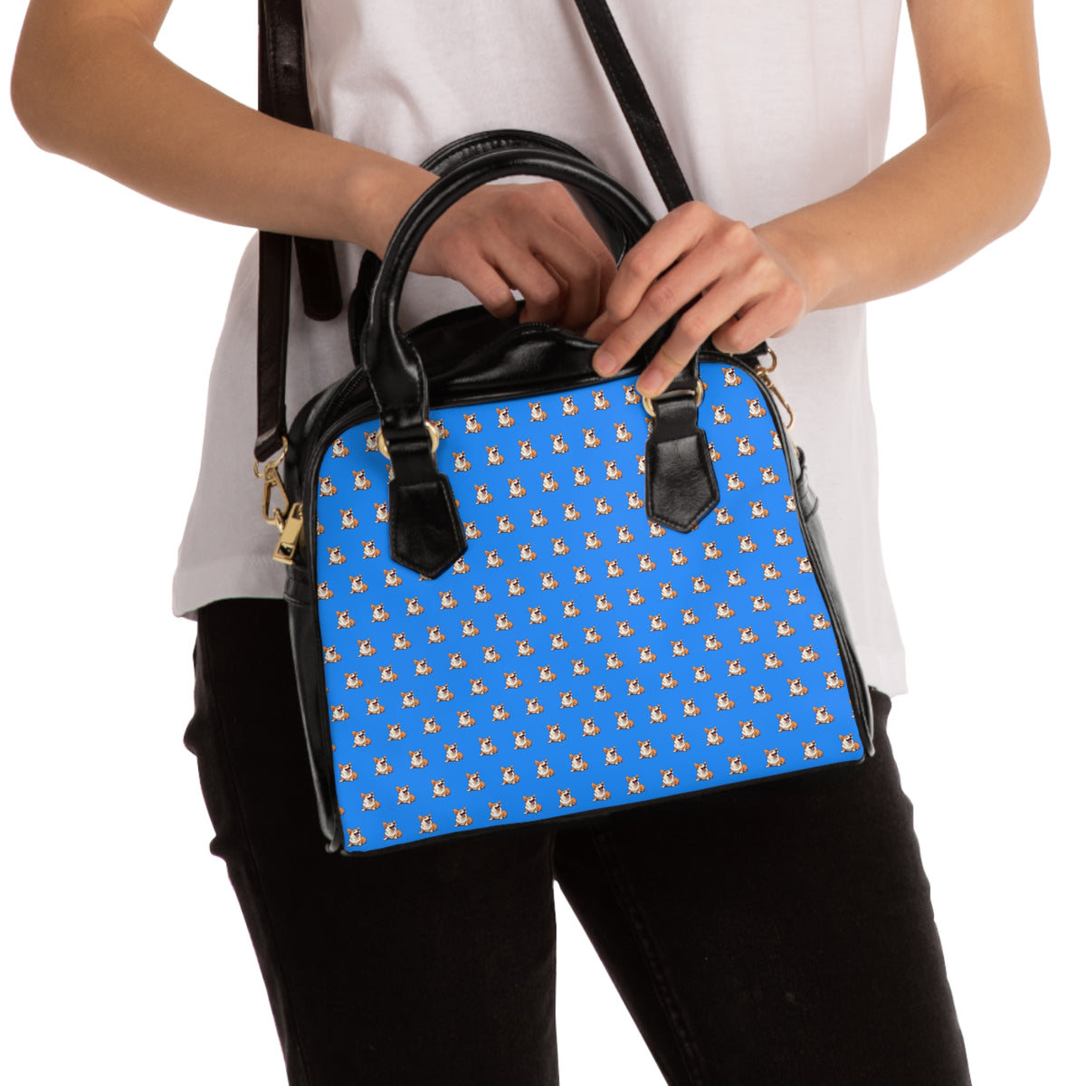 Comical Corgi All Smiles Repeater Pattern Blue & Black Shoulder Handbag