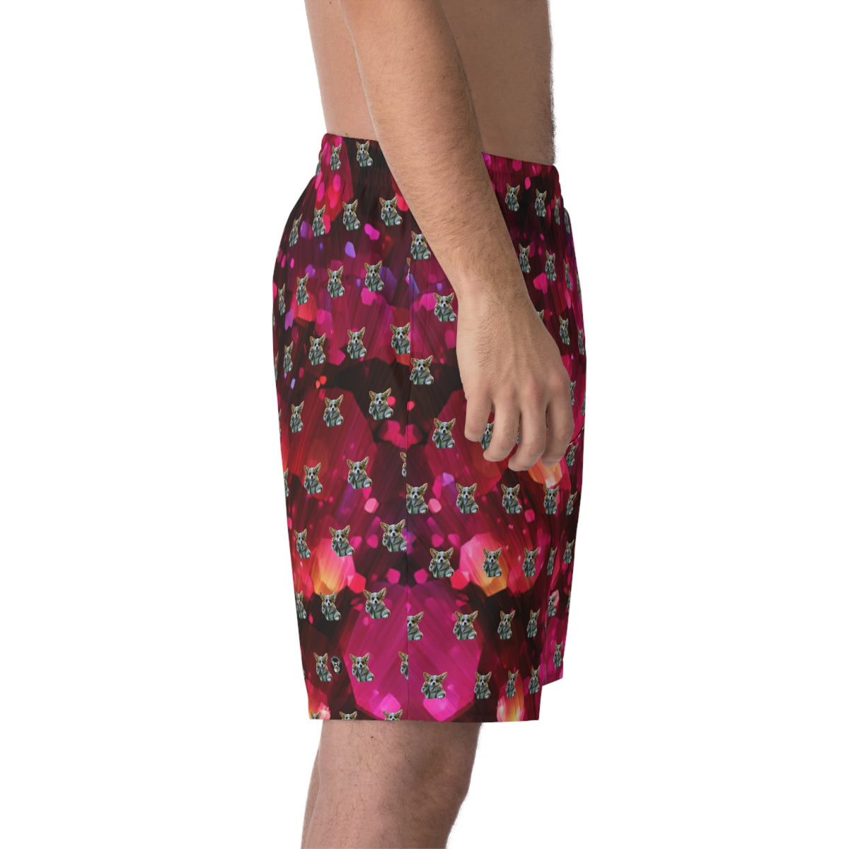Baby Corgi Star Warrior Board Shorts - Black Red & Purple Galaxy Glitter Swimsuit