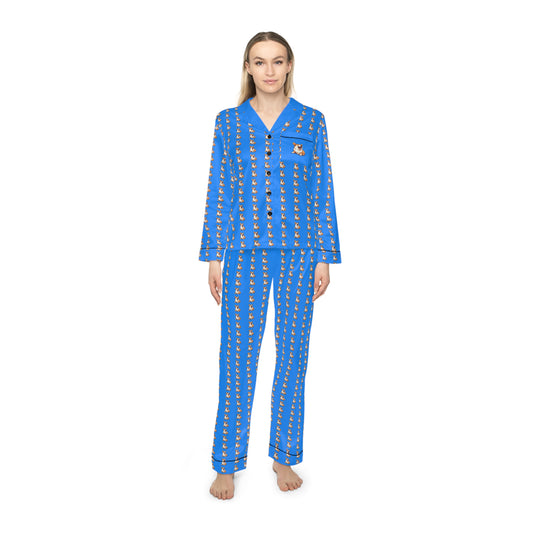 Comical Corgi All Smiles Repeater Stripes Blue Silky Pajamas