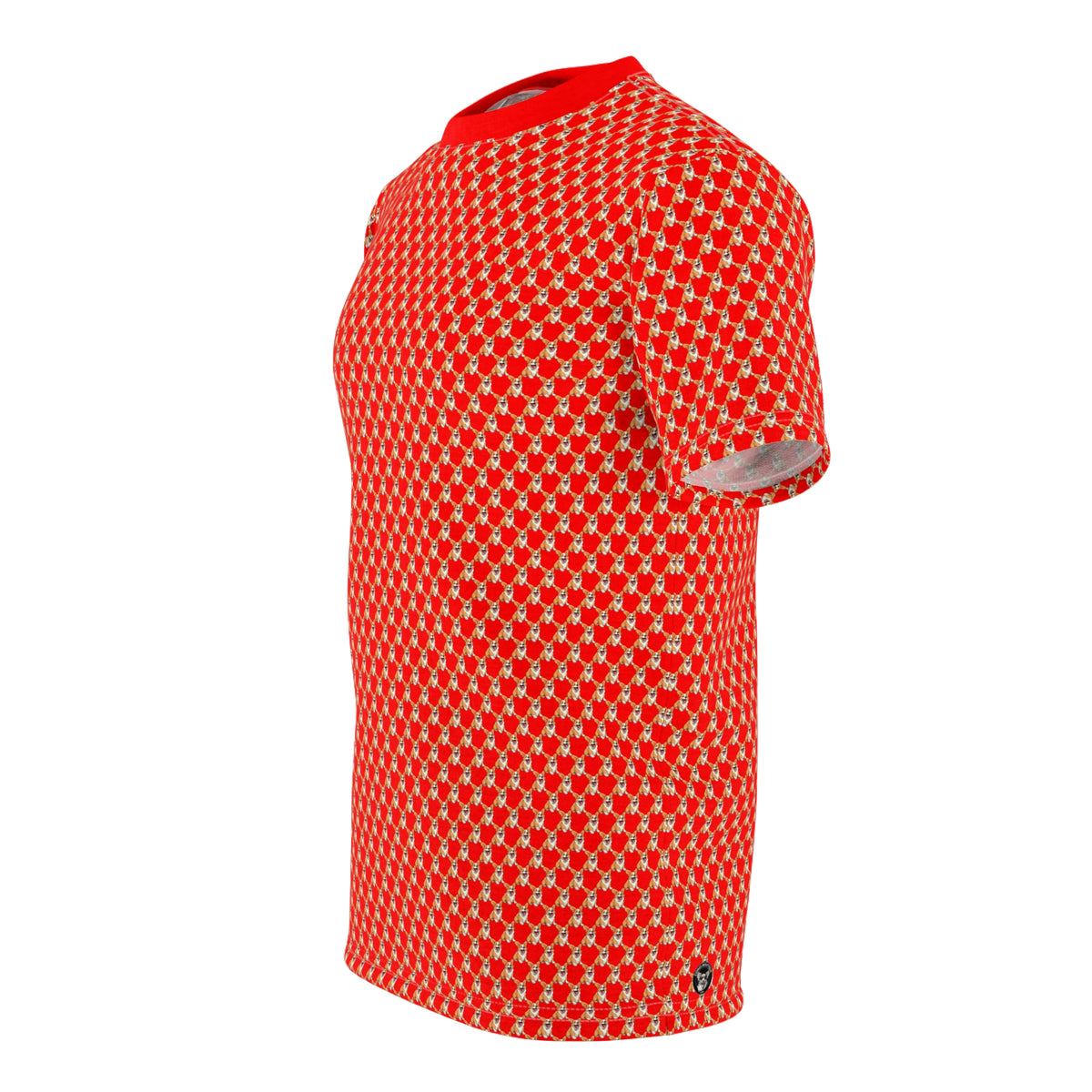 Goodness Gracious Geometric Unisex Bold Designer Tee - Jolly Corgi Repeater Motif Beyond Belief on Rad-Red