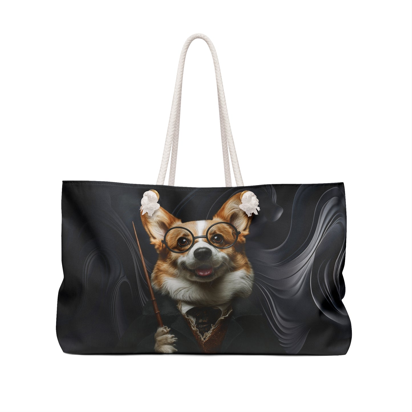 Corgi Potter Magic Wand Weekender Beach Bag – Wizard Themed Swirling Black Travel Tote