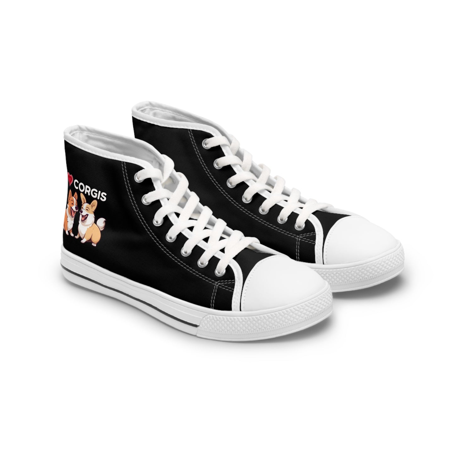 I Heart Corgis Women's High Top Casual Black Canvas Sneakers with Two Corgi Best Buds