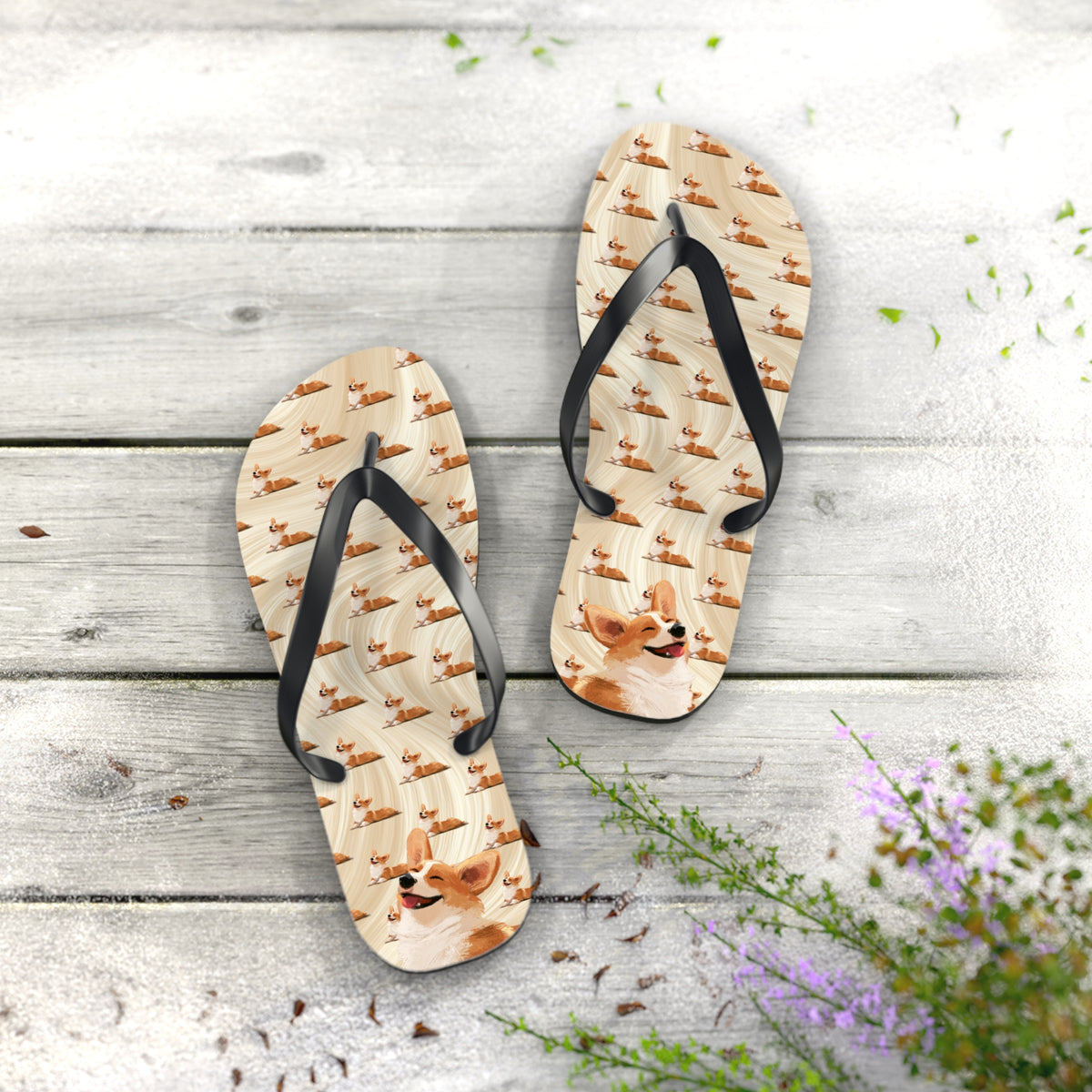 Giddy Sploot Unisex Flip-Flops - Creamy Champagne Corgi Sandals