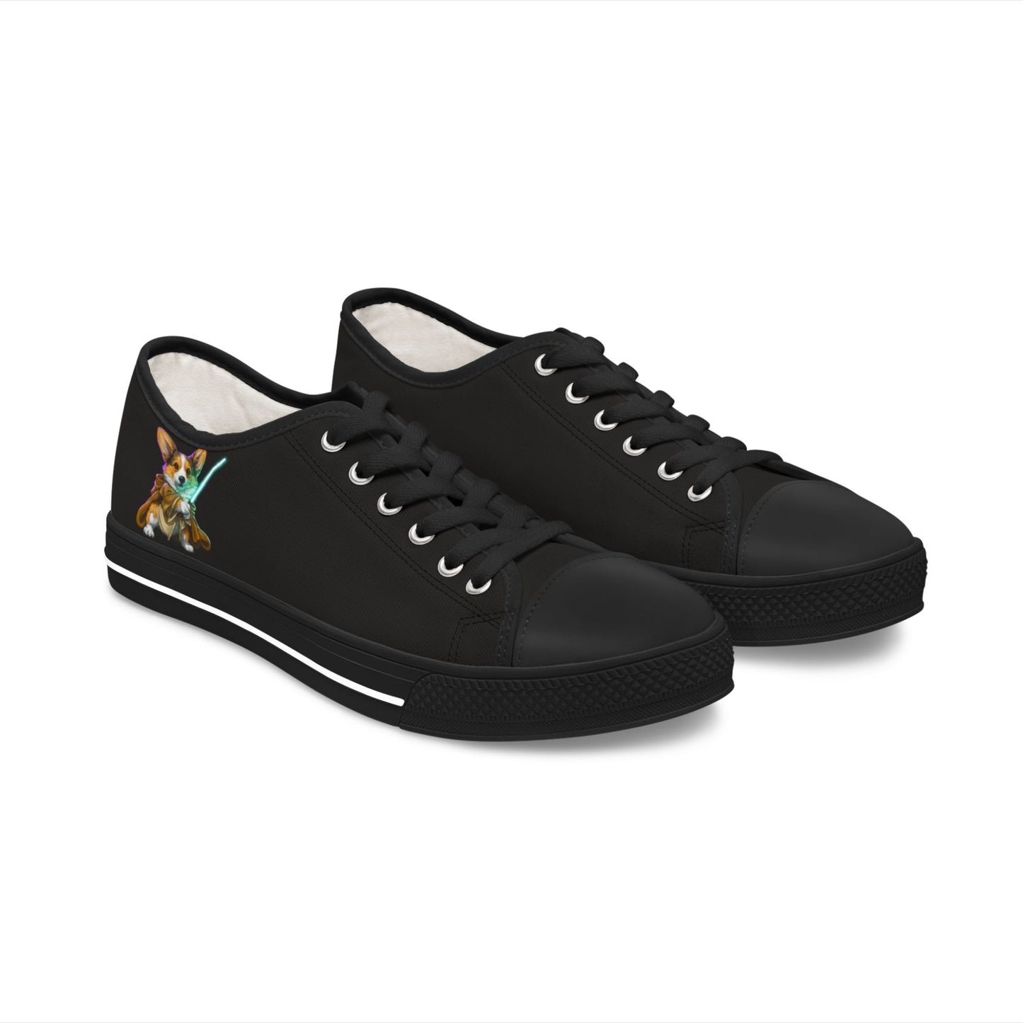 Little Light Knight Corgi Warrior in Training Women's Low Top Black Canvas Sneakers