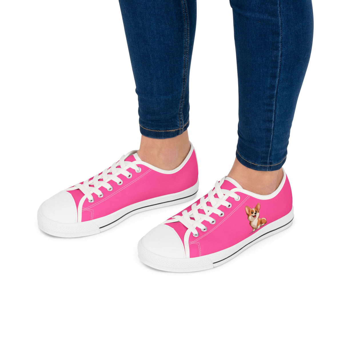 Cute Corgi Puppy Animation Hot Pink Women's Low Top Casual Canvas Sneakers