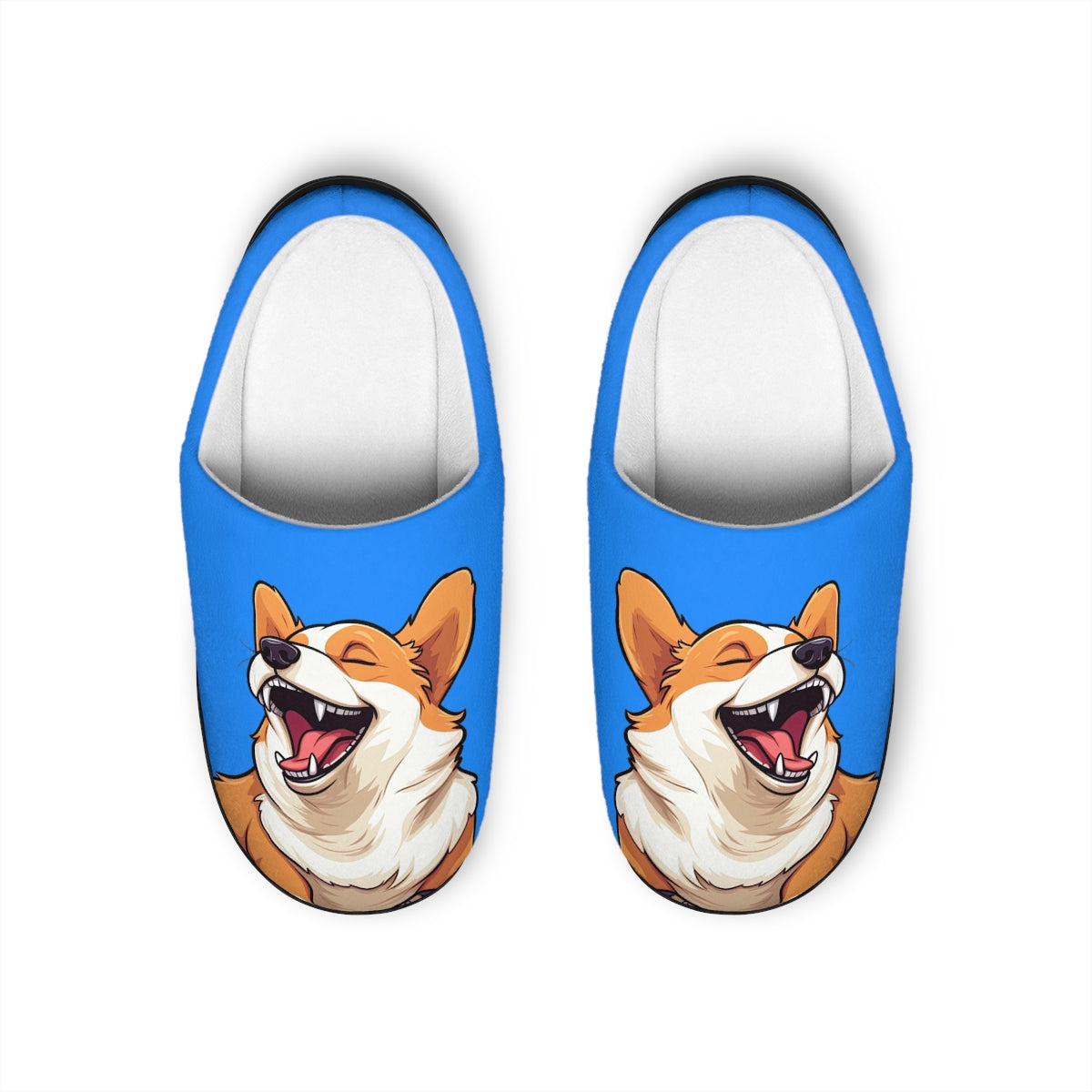Comical Corgi All Smiles Women's Indoor Slippers — Cute Blue Cozy House Shoes